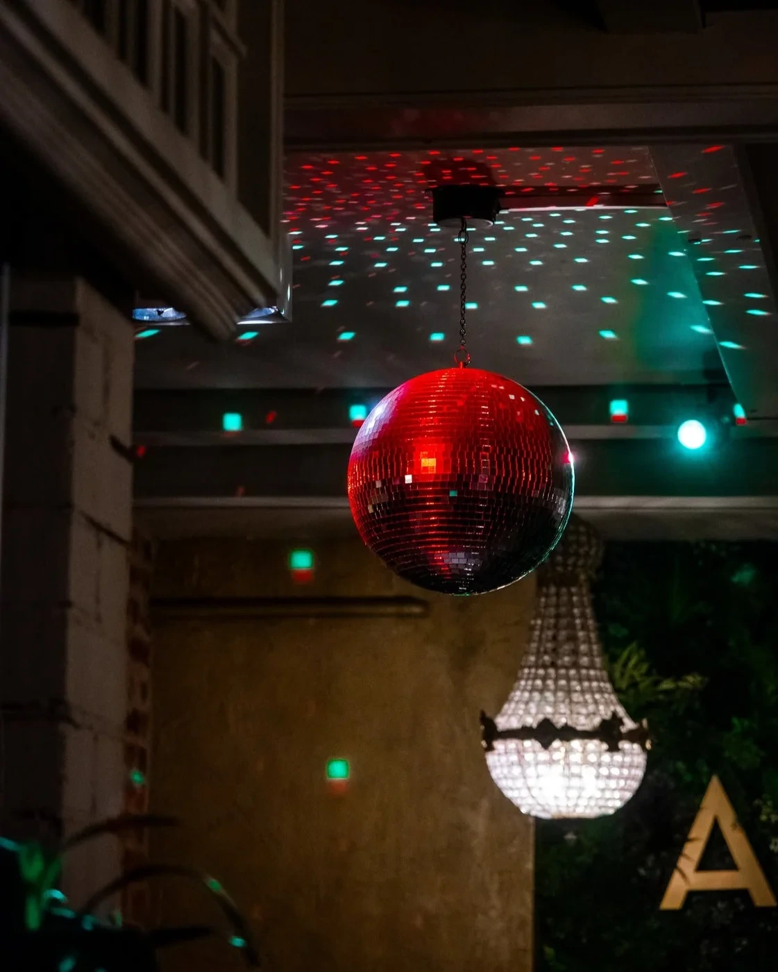 Disco ball and coloured lights inside Al Bear